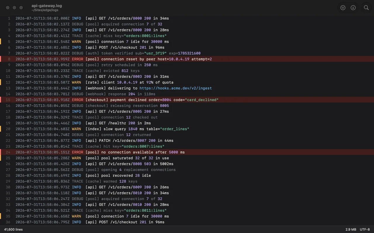 A 41,600-line log, open and scrolling. Severity is visible without reading.