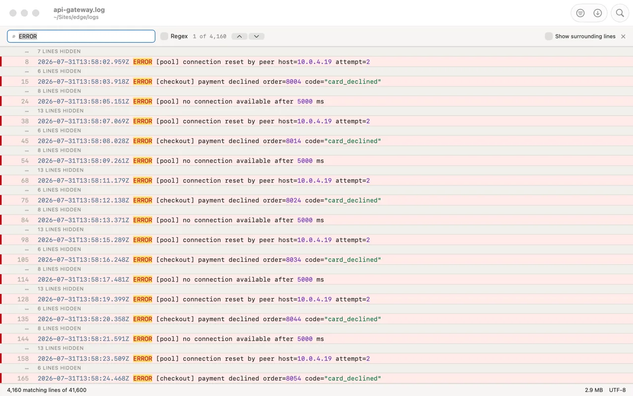Filter mode showing only matching lines, with their real line numbers and every hidden gap marked