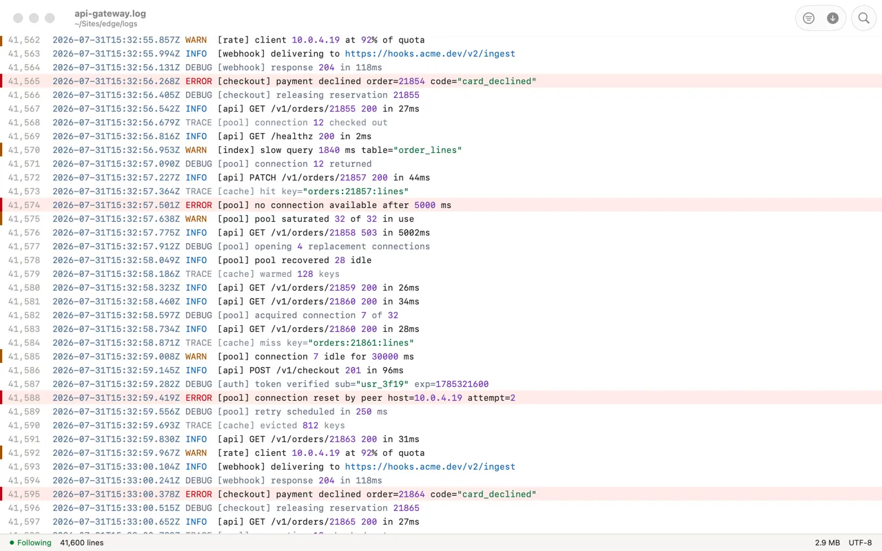 Follow mode pinned to the end of a log file that is still being written