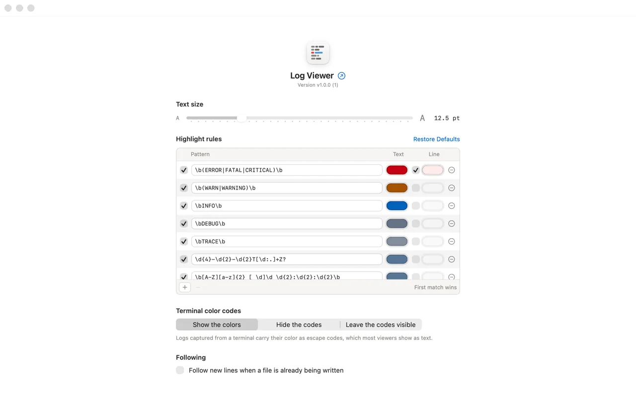 Settings window with the ordered list of highlight rules, each a pattern, a text color and a line tint