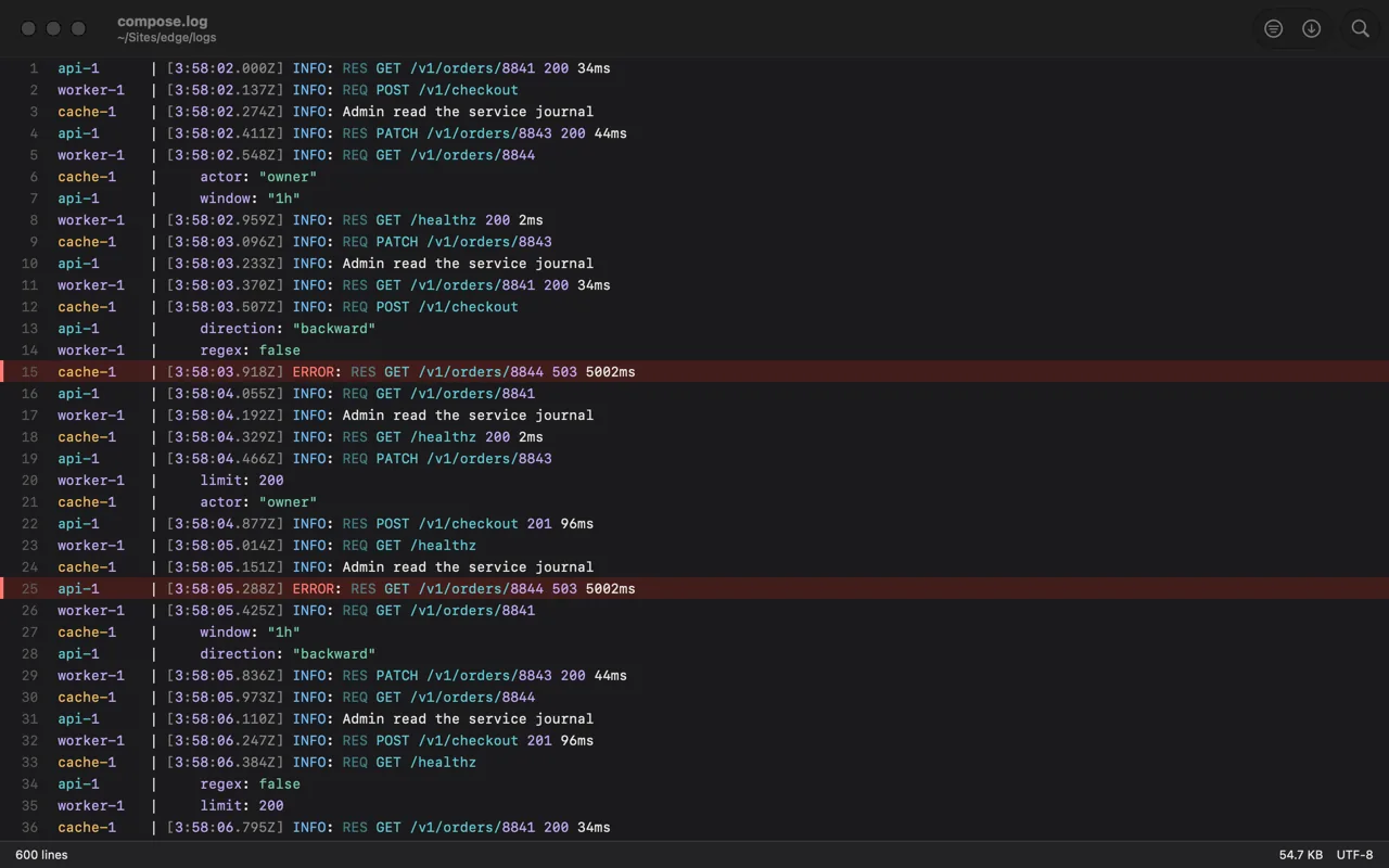 A terminal-captured log rendered with its ANSI colors painted instead of shown as escape codes
