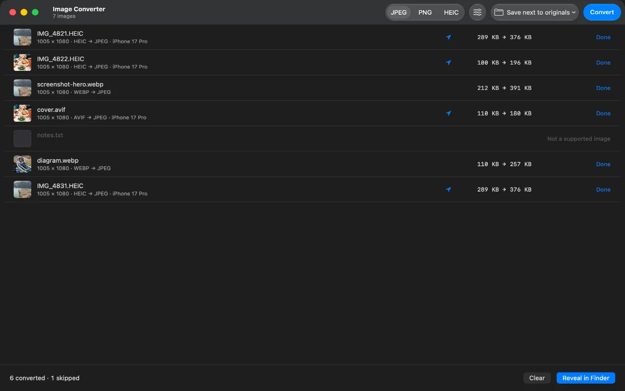 The same batch converted, with the size each copy actually came out at. Most of them are larger, and the app says so.