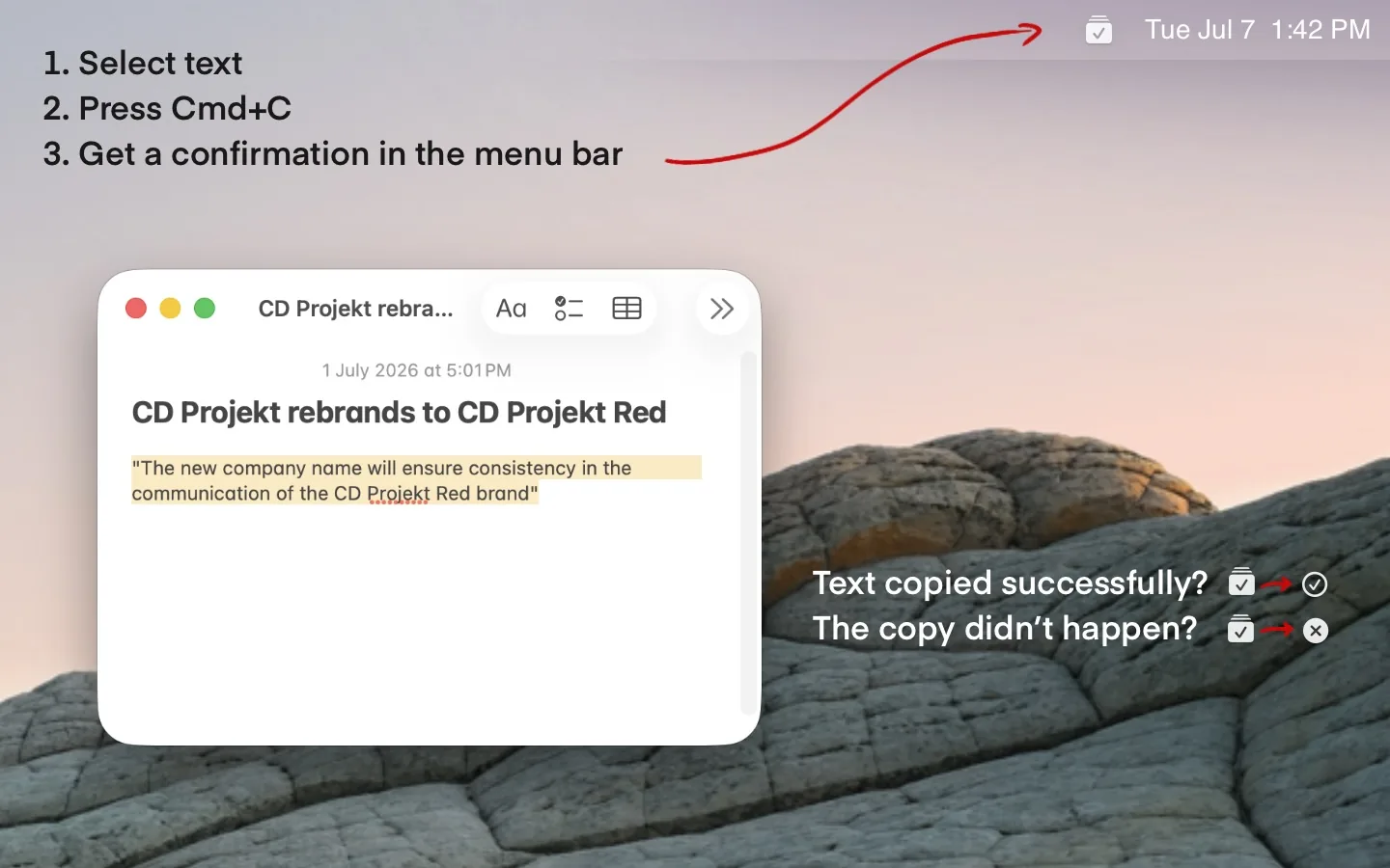 Menu-bar status confirms copy success or no-copy results