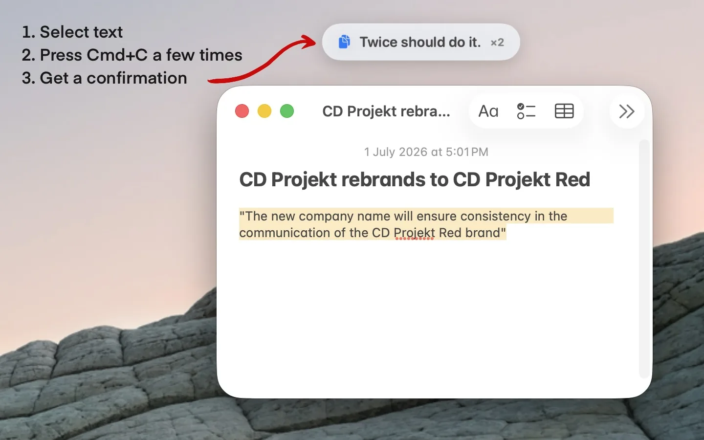 Repeatedly press Cmd+C to trigger the message
